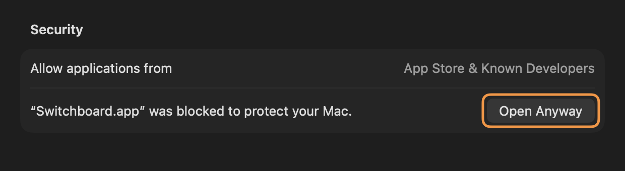 System Settings, Privacy and Security, with the Open Anyway button for Switchboard highlighted