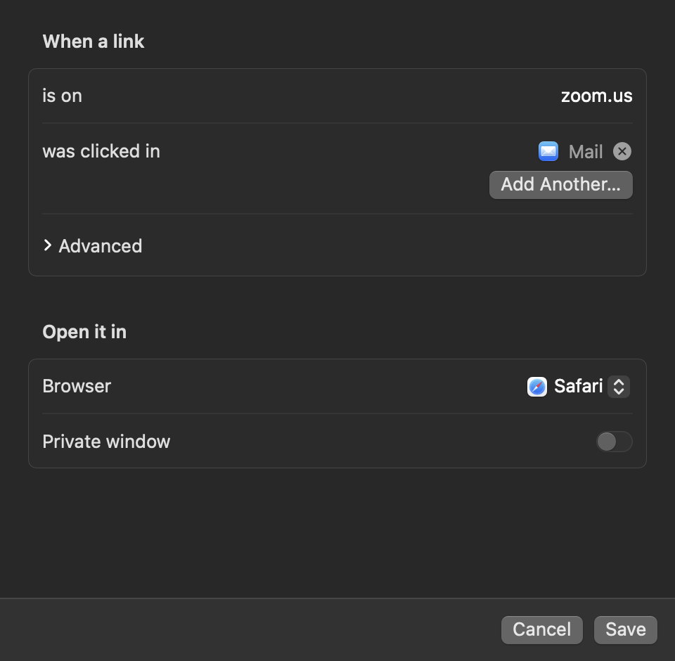 Rule editor: zoom.us links clicked in Mail open in Safari