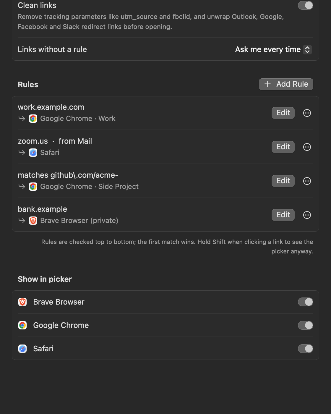 Switchboard Settings with link cleanup, four rules and browser visibility toggles